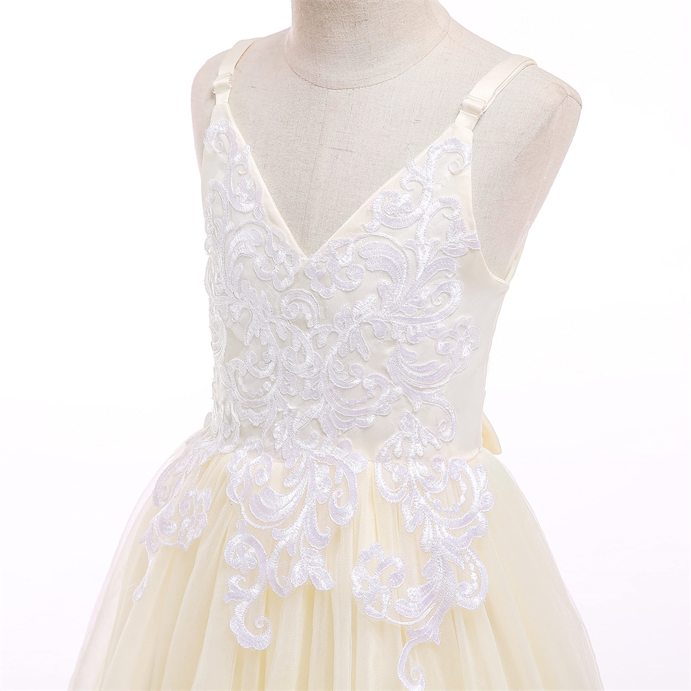 Pretty Princess Girl Dresses V-Neck Backless Appliques Bow Ball Gown Tulle Girls Pageant Gown Communion For Wedding Formal Party F08