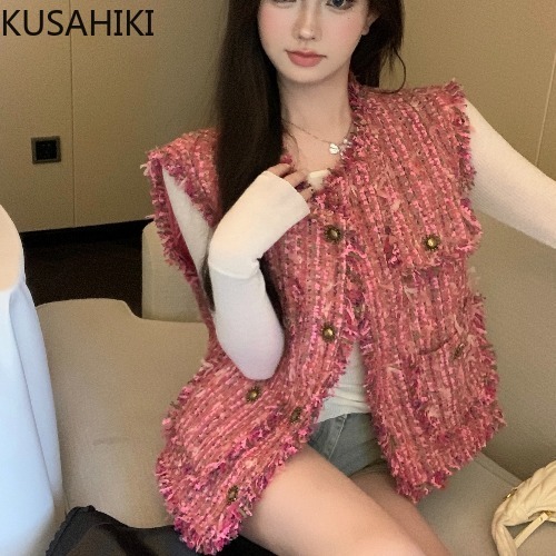 Women's Vests KUSAHIKI Tweed Elegant Tassel Weave Sleeveless Waistcoat Causal Korean Fashion Autumn Single Breasted O-neck Women Vest Jackets 230