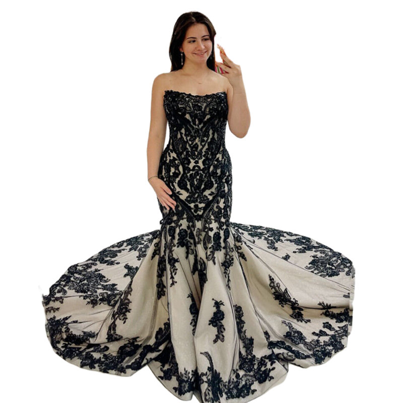 Strapless Black Lace Mermaid Gothic Wedding Dresses Sleeveless Backless Vintage Long Bridal Gowns Chapel Train Elegant Bride Reception Dress