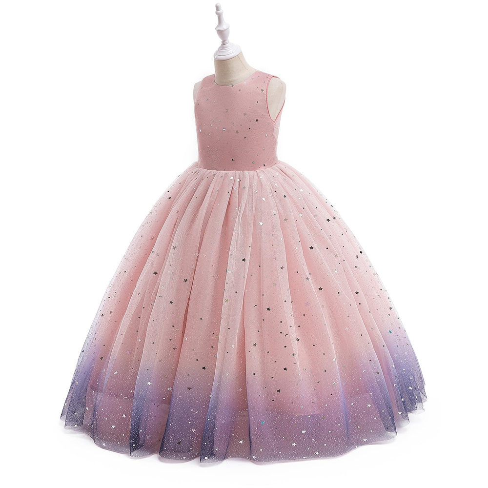 Pretty Princess Pink Gradient Girl Dresses Backless Star Sequins Ball Gown Tulle Buttons Girls Pageant Gown Communion For Wedding Formal Party F04