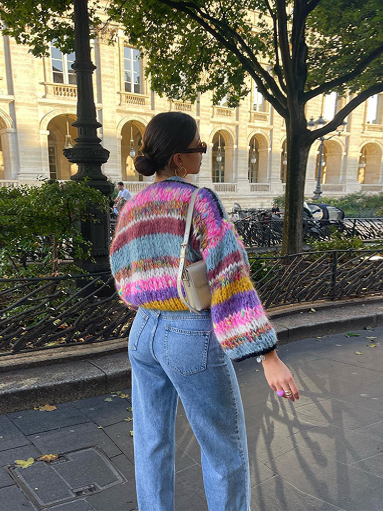 Women's Knits Tees Colorful Striped Crochet Knitted Sweaters Sweet Lantern Sleeve Loose Short Cardigans Women Autumn Fashion Streetwear Knitwears