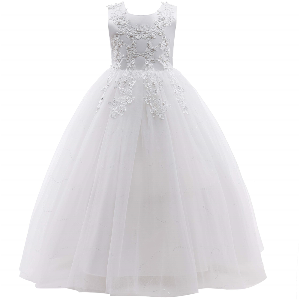 Pretty Princess Girl Dresses Sequins Appliques Beading Bow Ball Gown Tulle Girls Pageant Gown Communion For Wedding Formal Party F07