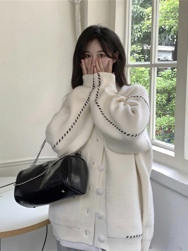 Women's Knits Tees Casual Knitted Cardigan Women Contrast Braided Stripe Long Sleeve Female Sweater Autumn All-match Single-breasted Coat 230912