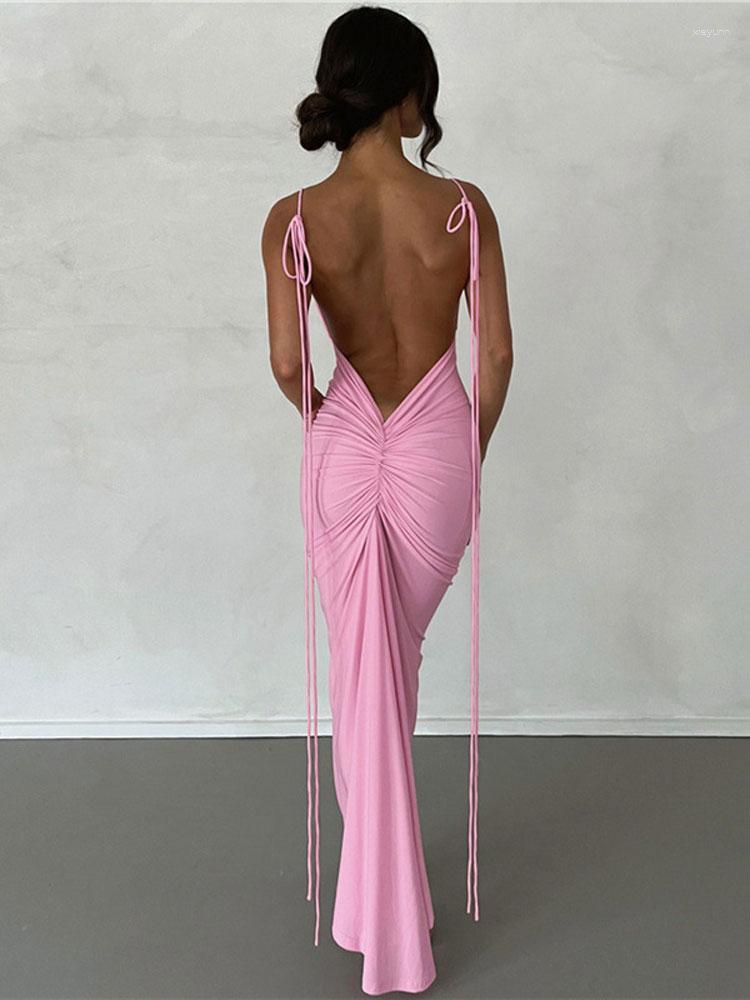Casual Dresses Tossy Lace-Up Pleated Maxi Dress Female Black Fashion Backless Halter Bandage Party Elegant Long