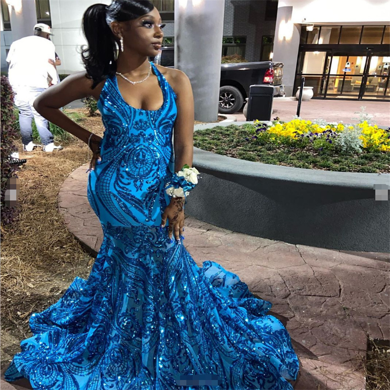 Black Girls Blue Sequin Prom Dress 2023 Glitter Mermaid Evening Dress Cross Backless Birthday Formal Occasion Dress Maxi Party Vestidos De Noche Robes