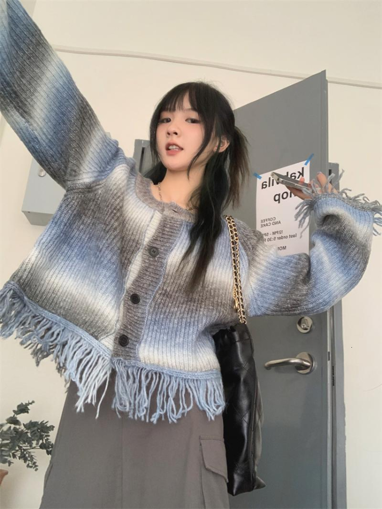 Women's Knits Tees Y2K Tassel Sweater Cardigan Women Harajuku Vintage Tie Dye Knitted Crop Jacket Autumn Korean Loose Gothic Knitwear Top Coat 23