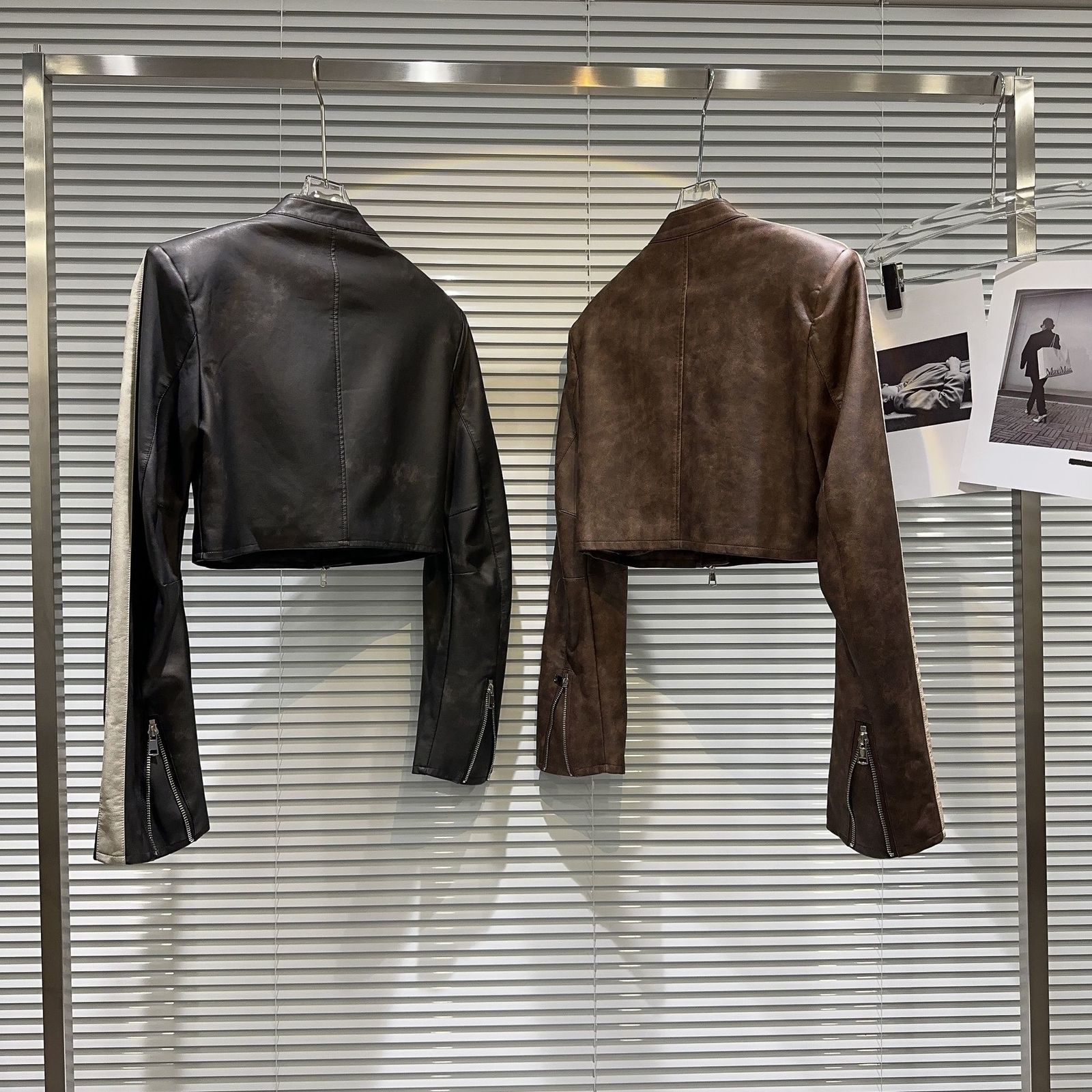 Women's Jackets Autumn Double Zipper Leather Pu Jacket Brown Black Crop Coat 230912