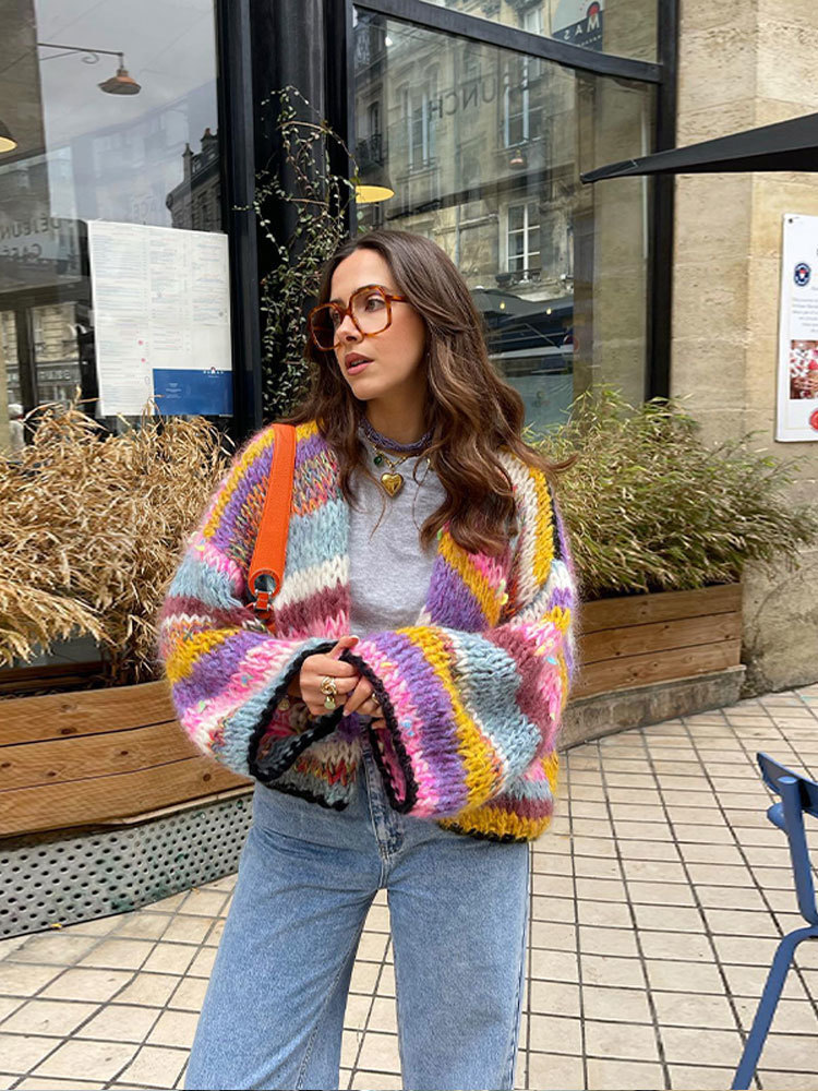 Women's Knits Tees Colorful Striped Crochet Knitted Sweaters Sweet Lantern Sleeve Loose Short Cardigans Women Autumn Fashion Streetwear Knitwears