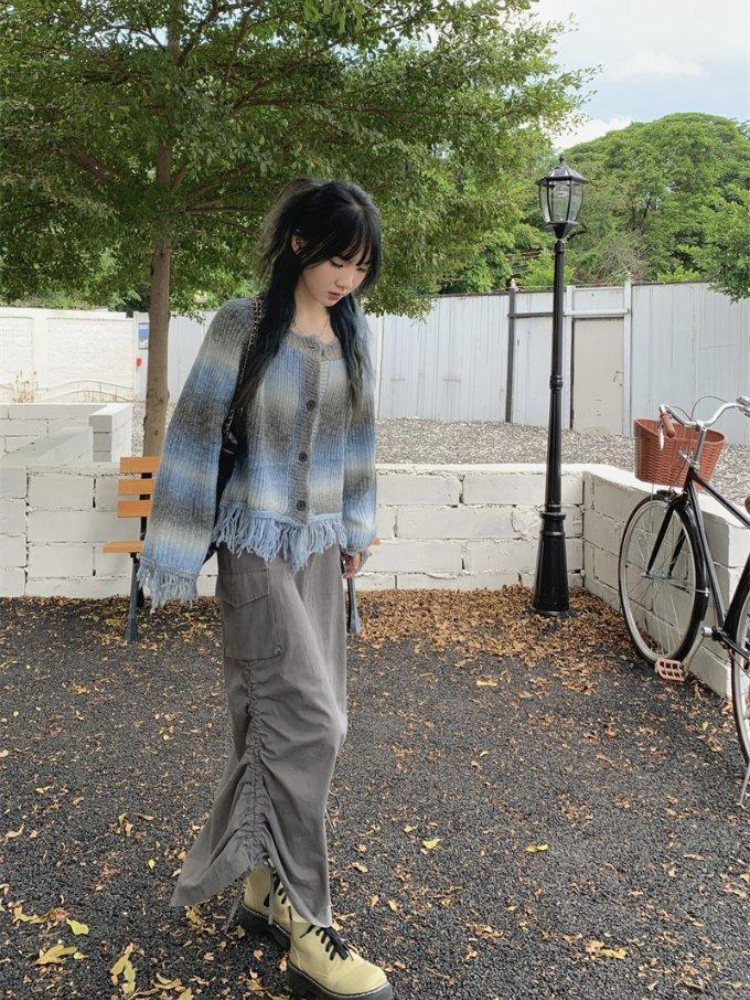 Women's Knits Tees Y2K Tassel Sweater Cardigan Women Harajuku Vintage Tie Dye Knitted Crop Jacket Autumn Korean Loose Gothic Knitwear Top Coat 23