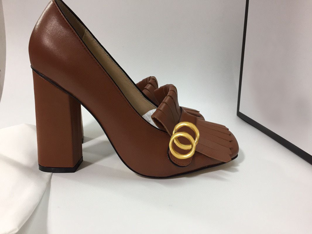 2023 Classic high-heeled boat shoe Designer shoes leather Thick heel high heels 10cm 100% cowhide Tassels Round head Metal Button women Dress shoes Large size 34--42