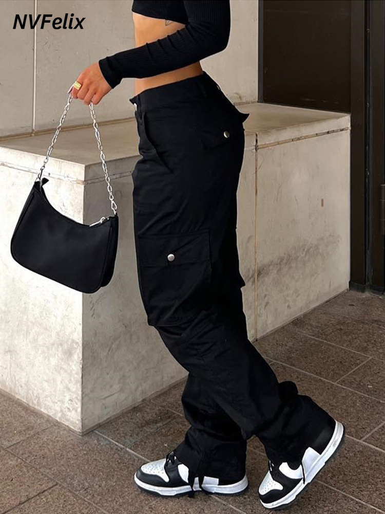 Women's Pants Capris Summer Womens Vintage Grey Cargo Pants High Waist Wide Leg Jeans Baggy Casual Fashion Multiple Pockets Mom Hip Hop Street St