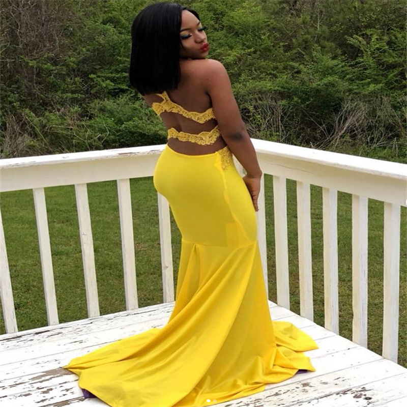Sexy Black Girls Prom Dress Yellow V Neck Mermaid Lace Evening Dress 2023 Plug South African Boho Formal Long Graduation Party vestidos de fiesta eleg