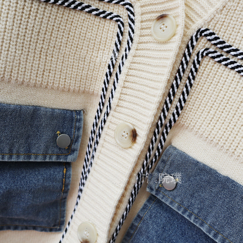 Women's Knits Tees WAYOFLOVE Vintage Denim Pockets Knitted Cardigans Sweaters Women Autumn Winter V Neck Spliced Women's Cardigan Soft Warm 