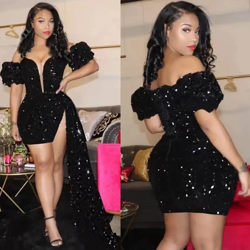 Glitter Black Homecoming Sparkles Short Prom Dresses Zipper Long Puffy Sleeves Party Dress Robe De Soiree 328 0220