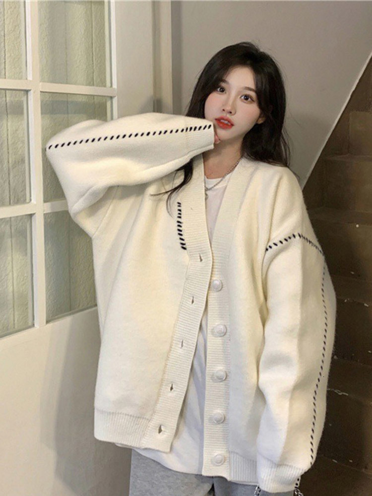 Women's Knits Tees Casual Knitted Cardigan Women Contrast Braided Stripe Long Sleeve Female Sweater Autumn All-match Single-breasted Coat 230912