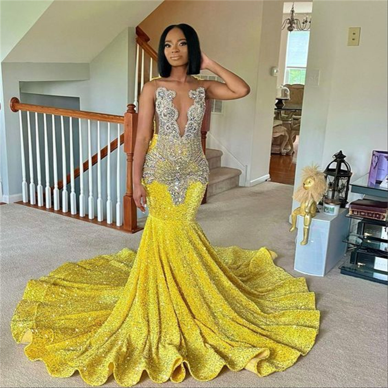 Luxury Sequin Yellow Prom Dress For Black Girls Sparkle African Mermaid Crystal Evening Dress Elegant Rhinestone Birthday Formal Vestidos De Noche Rob