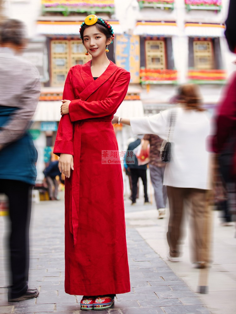 Red Tibet Clothing Lady Long Sleeve Slim Fit Bo La Dress Tibetan Girl Bola Long Robe Kangba Traditional Fashion Dance Black Gown