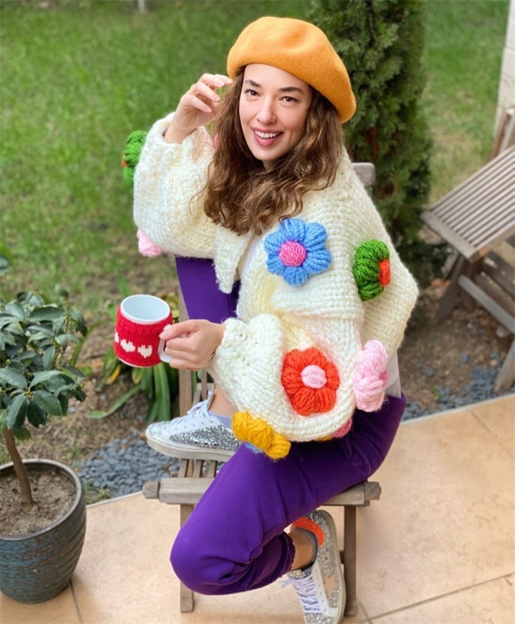 Women's Knits Tees Sweet 3d Flower Loose Cardigan For Women Autumn Winter Cute Floral Sweater Jacket Streetwear Long Sleeve Jumper Knitted Outwea
