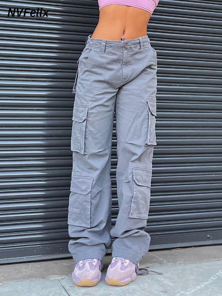Women's Pants Capris Summer Womens Vintage Grey Cargo Pants High Waist Wide Leg Jeans Baggy Casual Fashion Multiple Pockets Mom Hip Hop Street St