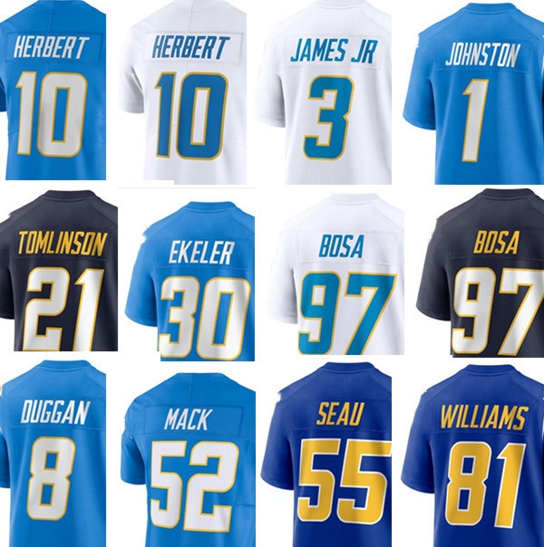Football Jerseys Justin Herbert Austin Ekeler Joshua Kelley Los Keenan Allen Mike Williams Angeles Quentin Johnston Derwin James Jr. Chargers Joey Bosa Junior Seau