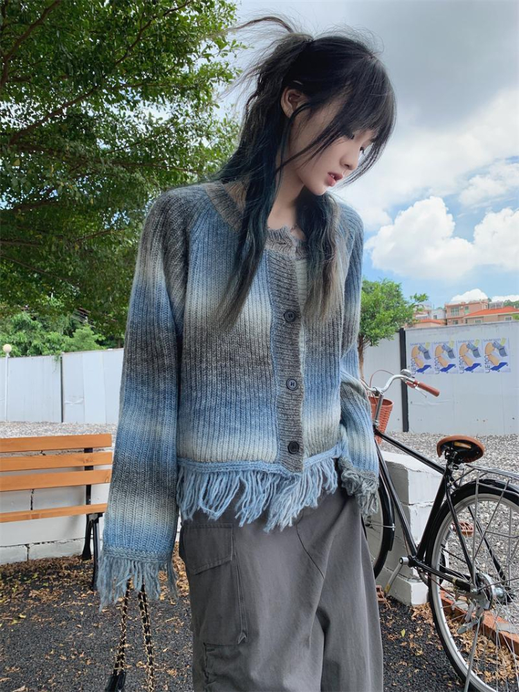Women's Knits Tees Y2K Tassel Sweater Cardigan Women Harajuku Vintage Tie Dye Knitted Crop Jacket Autumn Korean Loose Gothic Knitwear Top Coat 23