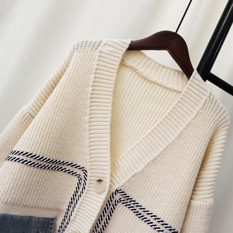 Women's Knits Tees WAYOFLOVE Vintage Denim Pockets Knitted Cardigans Sweaters Women Autumn Winter V Neck Spliced Women's Cardigan Soft Warm 