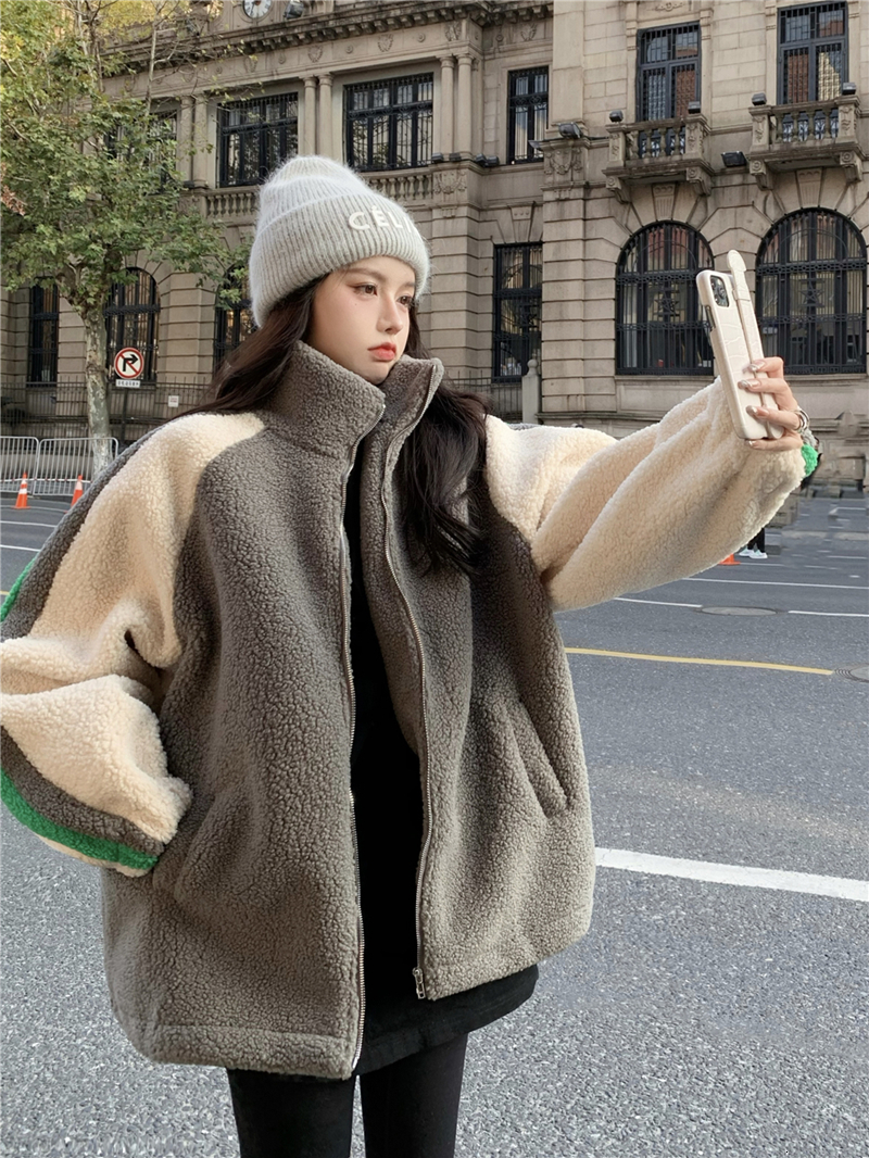 Women's Down Parkas Winter Fall Outwear Casual Fuzzy Sweatshirt Coat Faux Lamb Wool Warm Stand Collar Fleece Womens Vintage Korean Harajuku Cloth