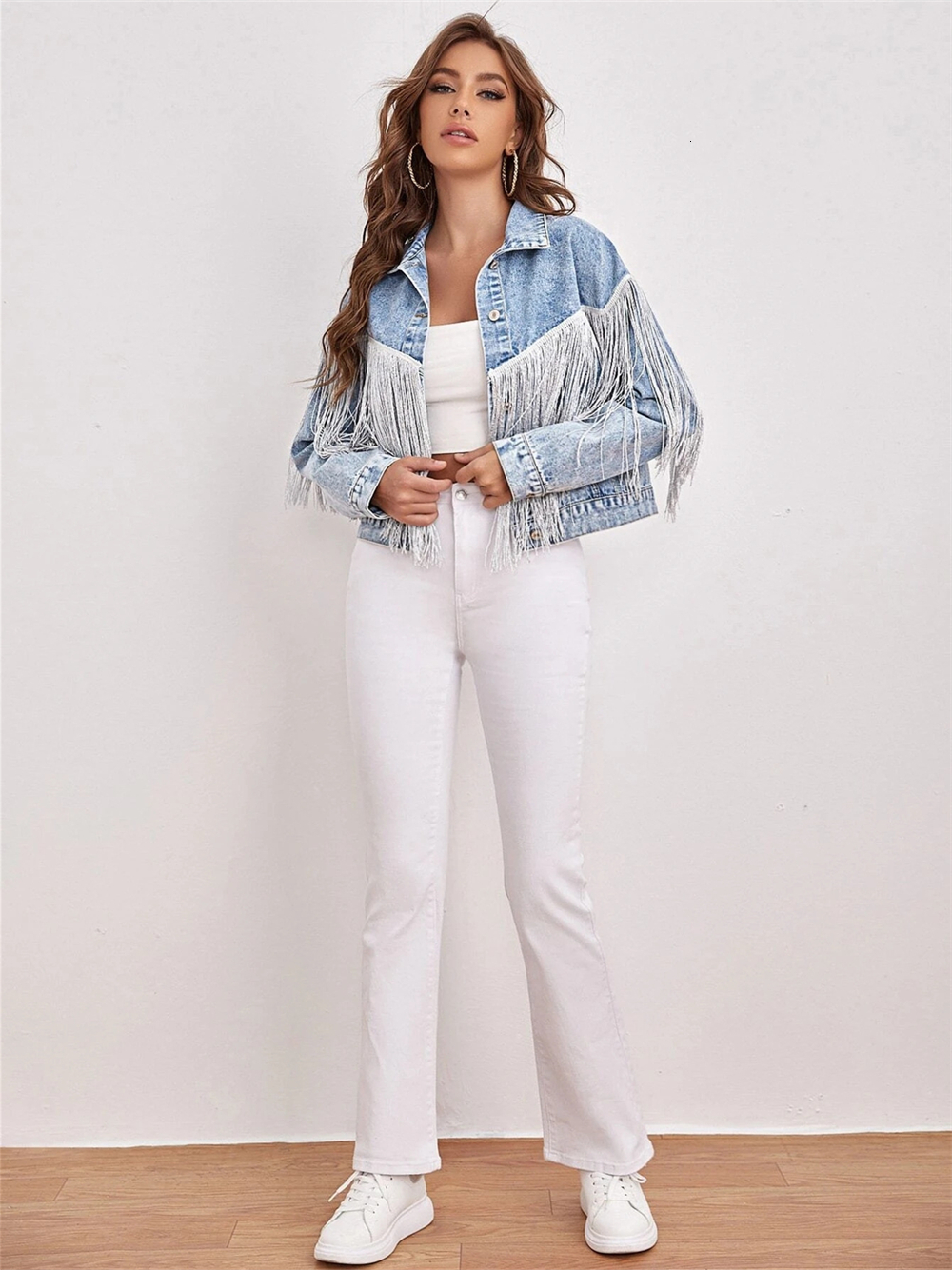Women's Jackets Charmingtrend Jacket Women Fashion Tassel Spliced Denim Jacket Long Sleeved Coat Vintage Cardigan Blue Short Jacket 230912