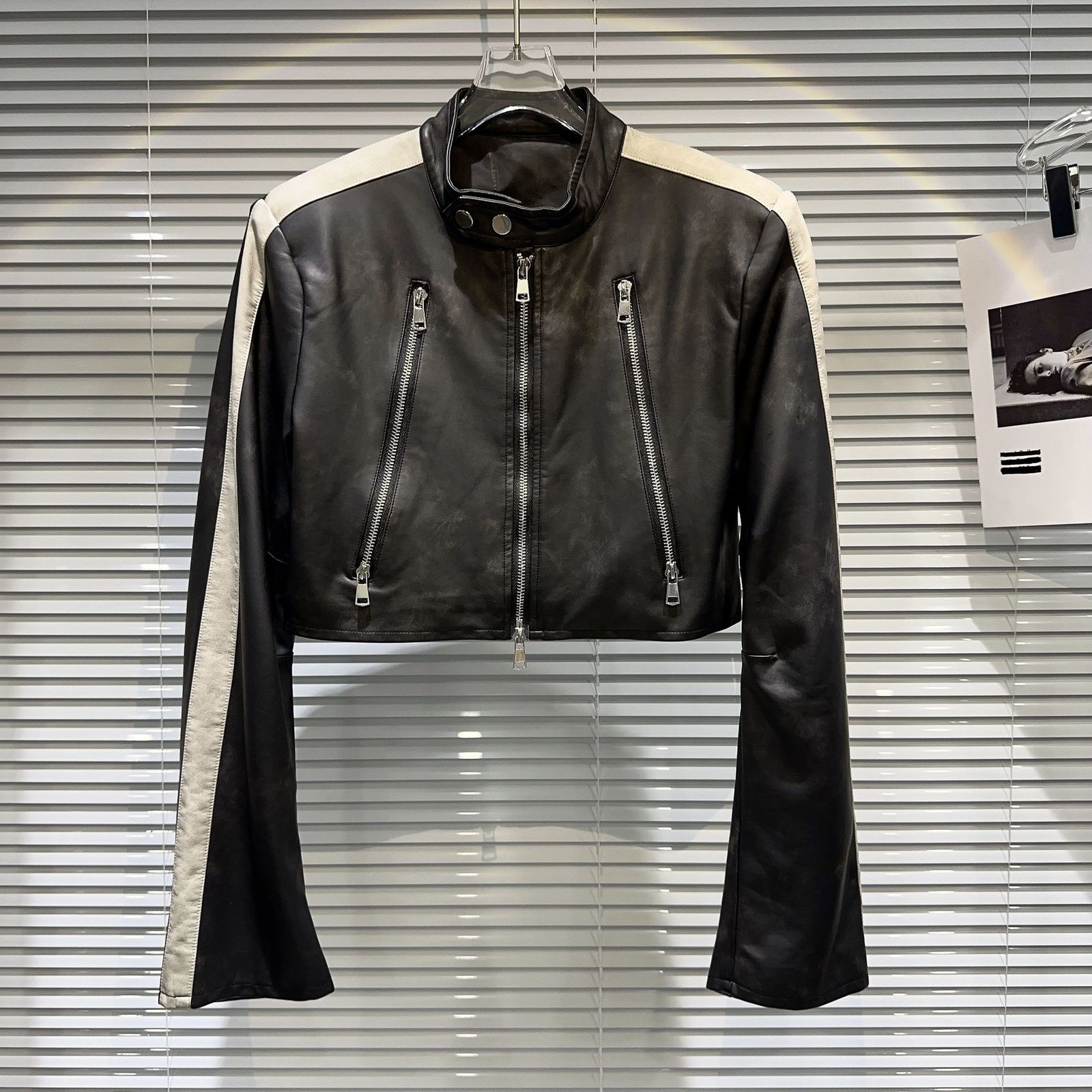 Women's Jackets Autumn Double Zipper Leather Pu Jacket Brown Black Crop Coat 230912