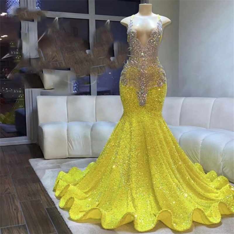 Luxury Sequin Yellow Prom Dress For Black Girls Sparkle African Mermaid Crystal Evening Dress Elegant Rhinestone Birthday Formal Vestidos De Noche Rob