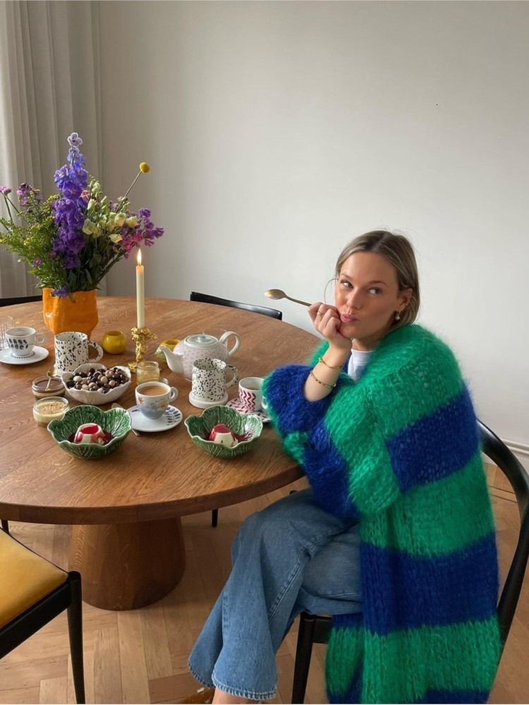 Women's Knits Tees Mohair Stripe Women Knit Splice Cardigans Loose Autumn Winter Vintage Full Sleeve Long Coat Ladies Casual Street Jacket Knitwe