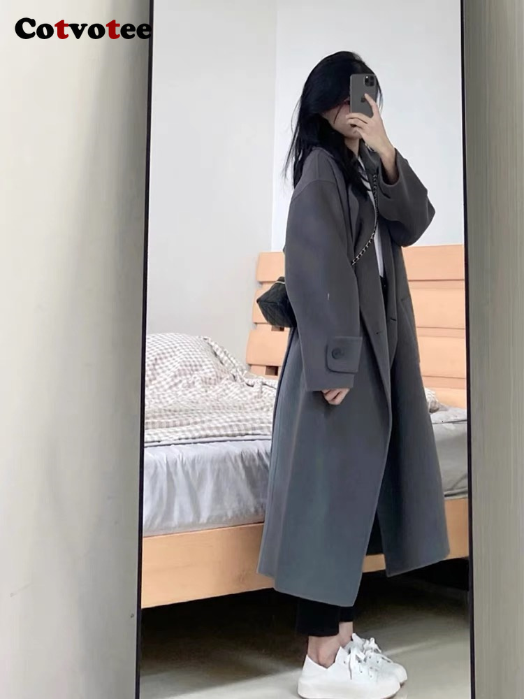 Women's Wool Blends Cotvotee Long Wool Coat Women Autumn Winter Fashion Long Sleeve Turn Down Collar Jacket Casual Button Up Loose Coats 230912