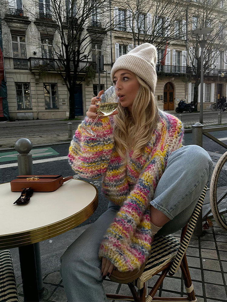 Women's Knits Tees Rainbow Stripe Printed Knitted Cardigan Sweater Women Cropped Crochet Lantern Sleeve Sweater Lady Streetwear Cardigans 230912