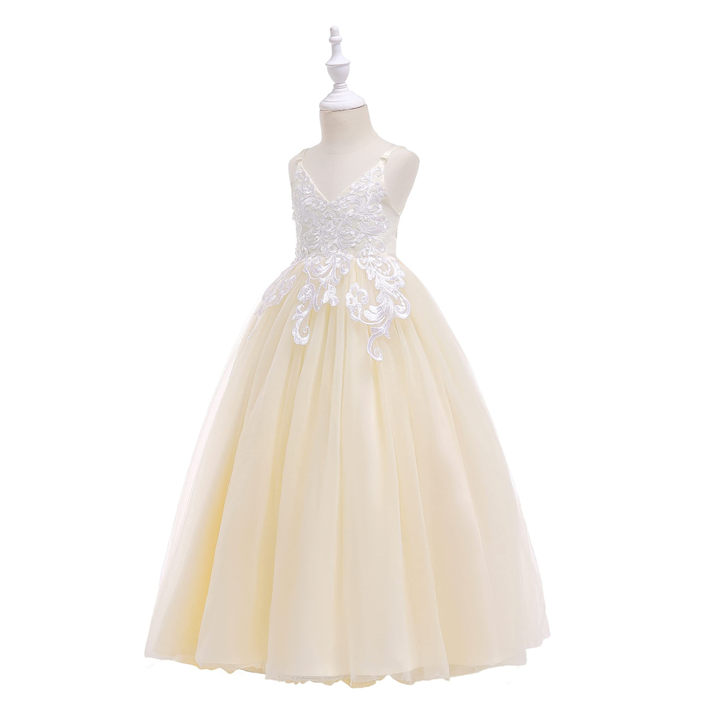 Pretty Princess Girl Dresses V-Neck Backless Appliques Bow Ball Gown Tulle Girls Pageant Gown Communion For Wedding Formal Party F08