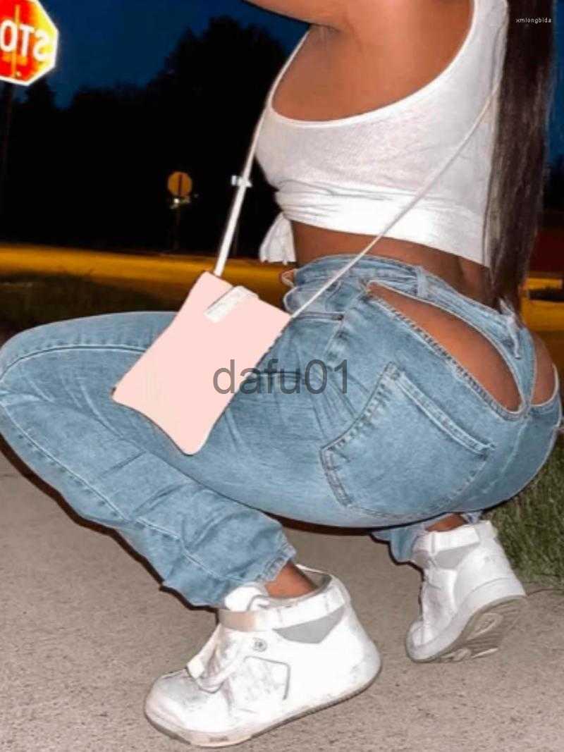 Women's Jeans Women's Jeans LW Mid Waist Cut Out Stretchy Wash Light Blue Back Hollow-out Denim Pants Women Fashion Streetwears Sexy Zipper 