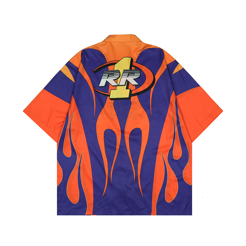 Men's Casual Shirts Spring Summer Flame Letter Print Short Sleeve Shirts Mens and Womens Lapel Single Breasted Patchwork Tops Loose Oversized Shi