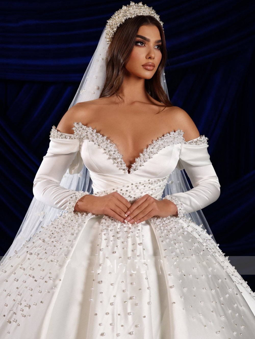 Sexy Deep V-Neck Wedding Dresses Stylish Handmade pearls Ball Gown Long-Sleeve Lace Satin Plus Size Brush Train Bridal Gowns Dress