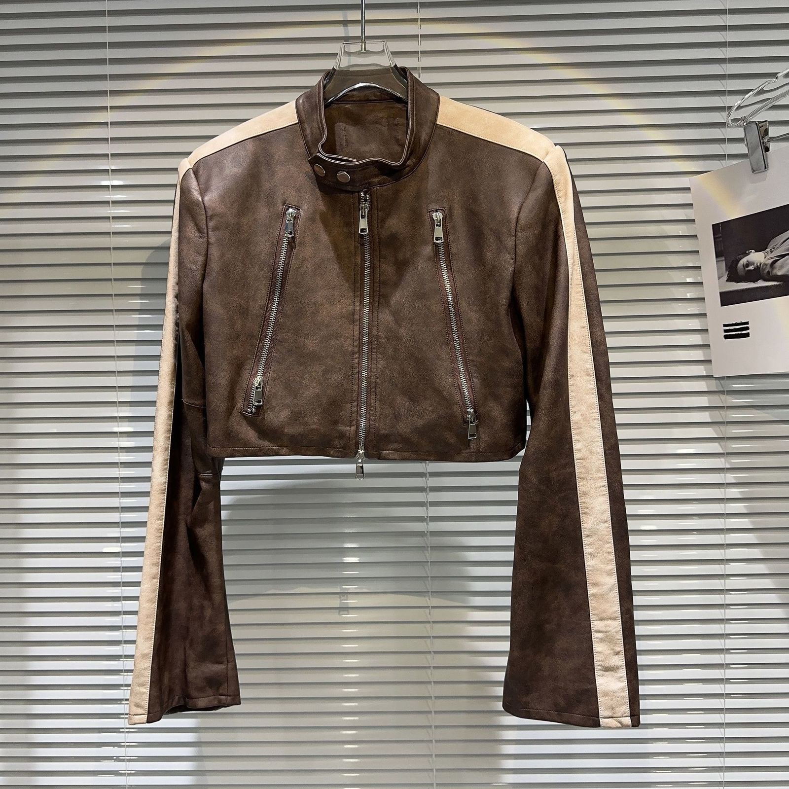 Women's Jackets Autumn Double Zipper Leather Pu Jacket Brown Black Crop Coat 230912