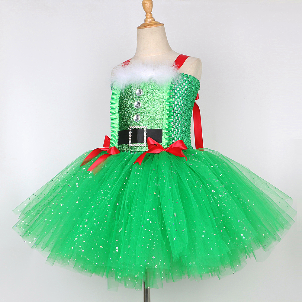 Girl's Dresses Sparkly Christmas Elf Tutu Dress for Girls Santa Claus Costumes for Kids Birthday Halloween Outfit Children Xmas Holiday Clothes 2