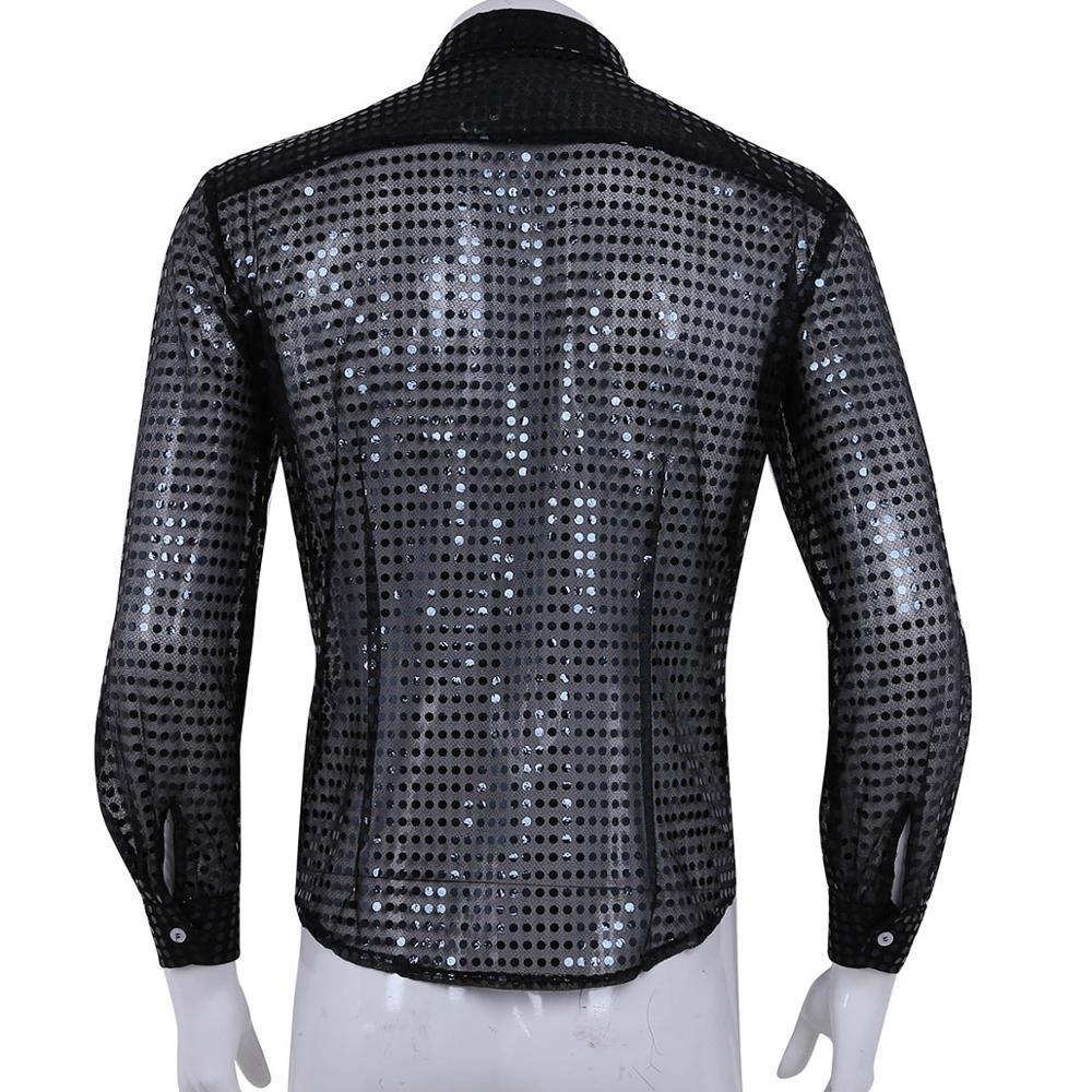 Men's Casual Shirts Hommes Men See Through Sequins Latin Dance Shirt Long Sleeve Ballroom Tango Rumba Top Mens Tops Performance Costume 230912