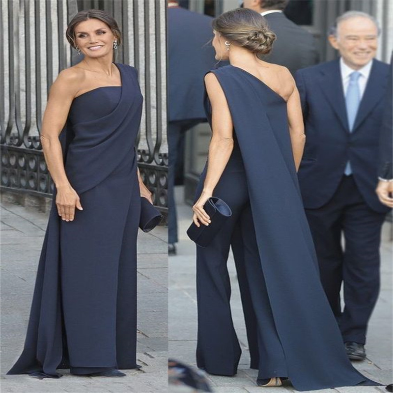 Korean Navy Blue Jumpsuit Evening Dress 2023 With Overskirt Trian Elegant One Shoulder Outfit Pant Prom Dress Celebrity Formal Vestidos De Noche South