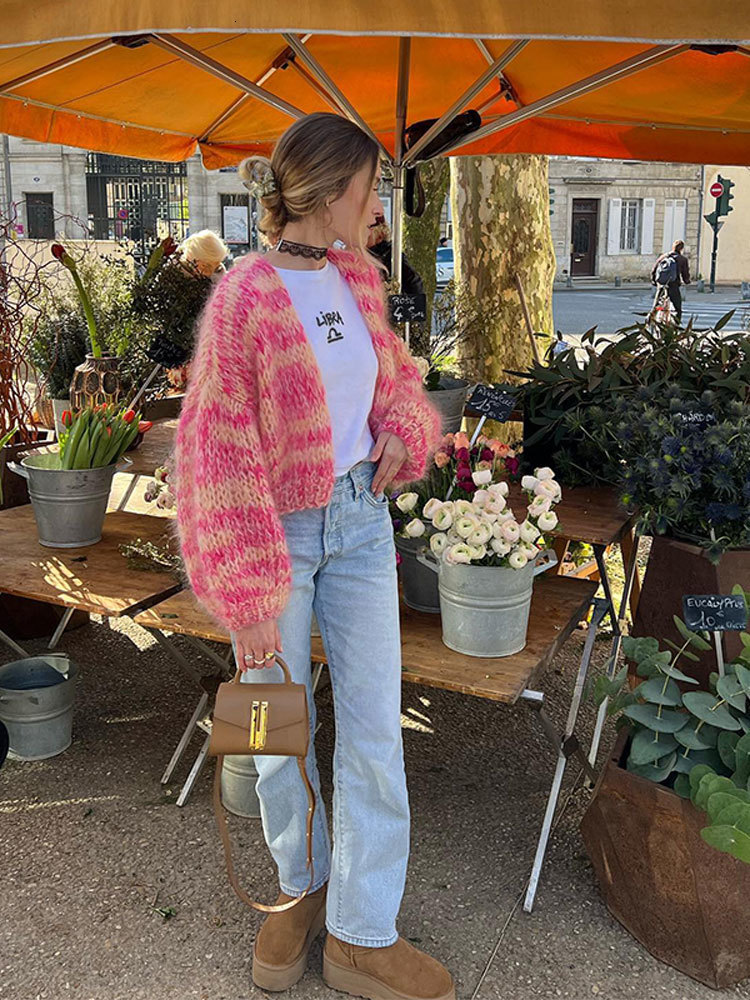 Women's Knits Tees Pink Striped Autumn Front Open Sweaters Long Lantern Sleeve Loose Crochet Cardigans Women Fashion Vintage Casual Streetwear 23