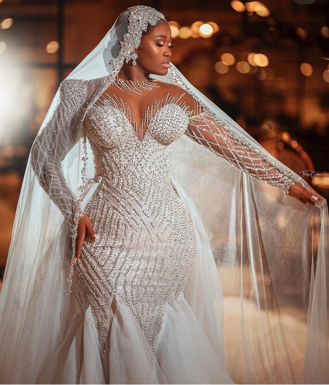 Stylish Ball Gown Evening Dresses Long-Sleeve High Neck Shine Beads Sequins Straps Appliques Lace Plus Size Bridal Gowns Dress D-H23290