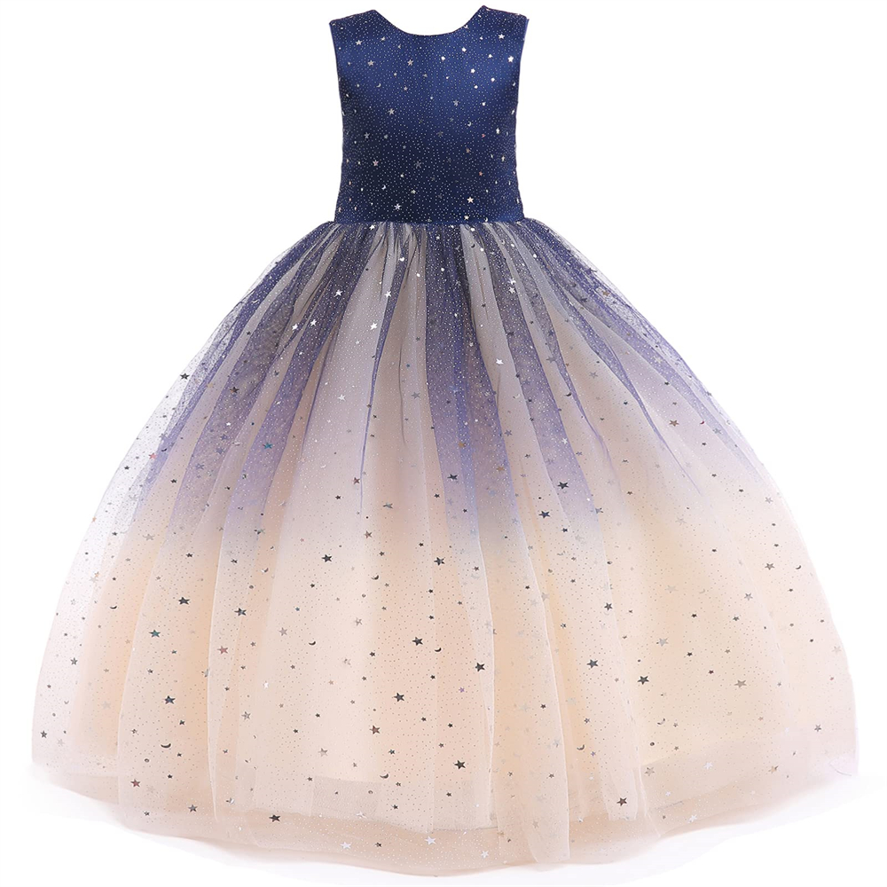 Pretty Princess Gradient Girl Dresses Star Sequins Buttons Ball Gown Tulle Girls Pageant Gown Communion For Wedding Formal Party F06