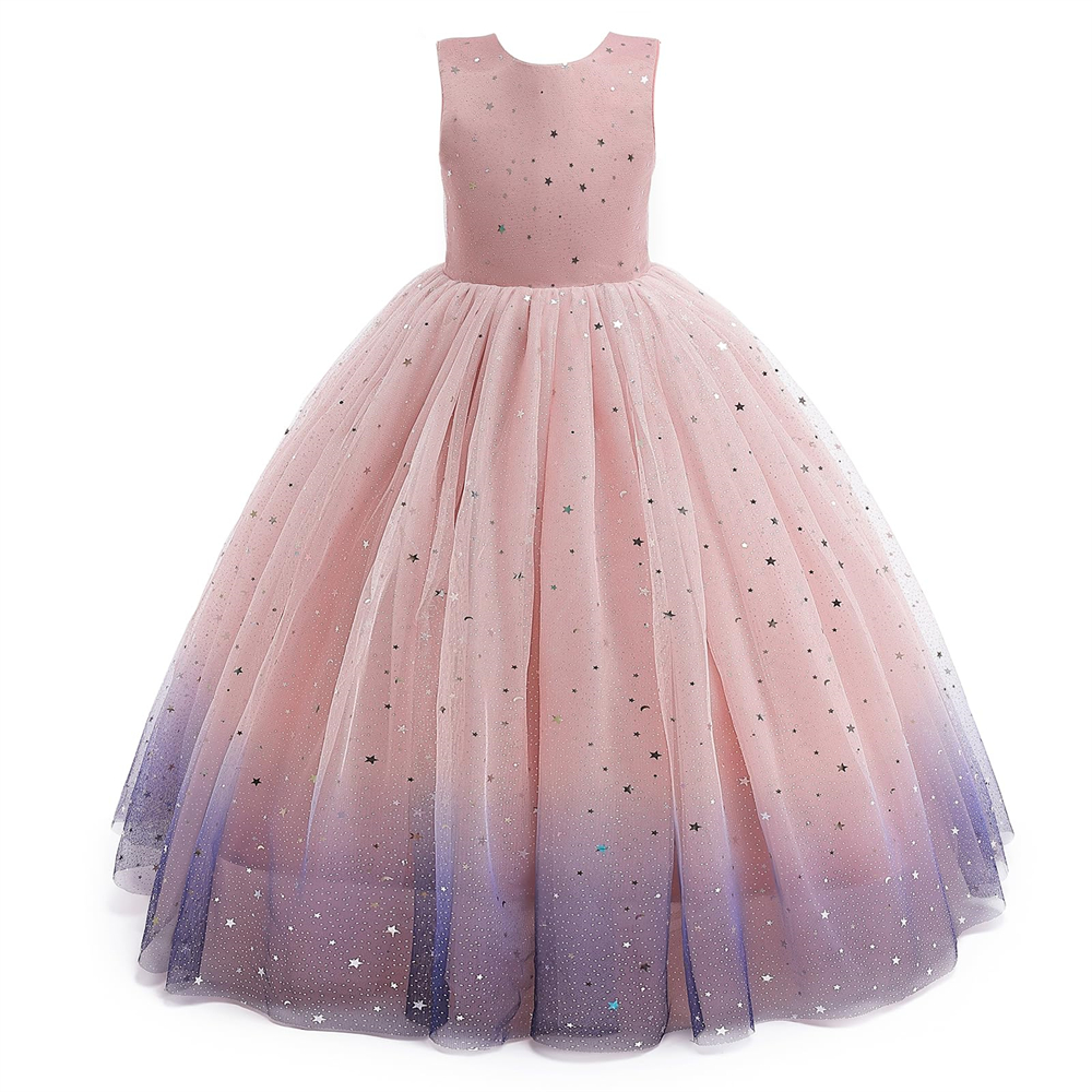 Pretty Princess Pink Gradient Girl Dresses Backless Star Sequins Ball Gown Tulle Buttons Girls Pageant Gown Communion For Wedding Formal Party F04