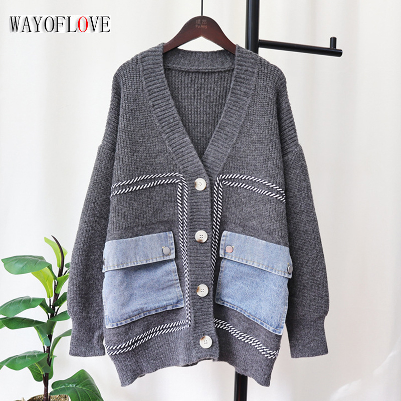 Women's Knits Tees WAYOFLOVE Vintage Denim Pockets Knitted Cardigans Sweaters Women Autumn Winter V Neck Spliced Women's Cardigan Soft Warm 