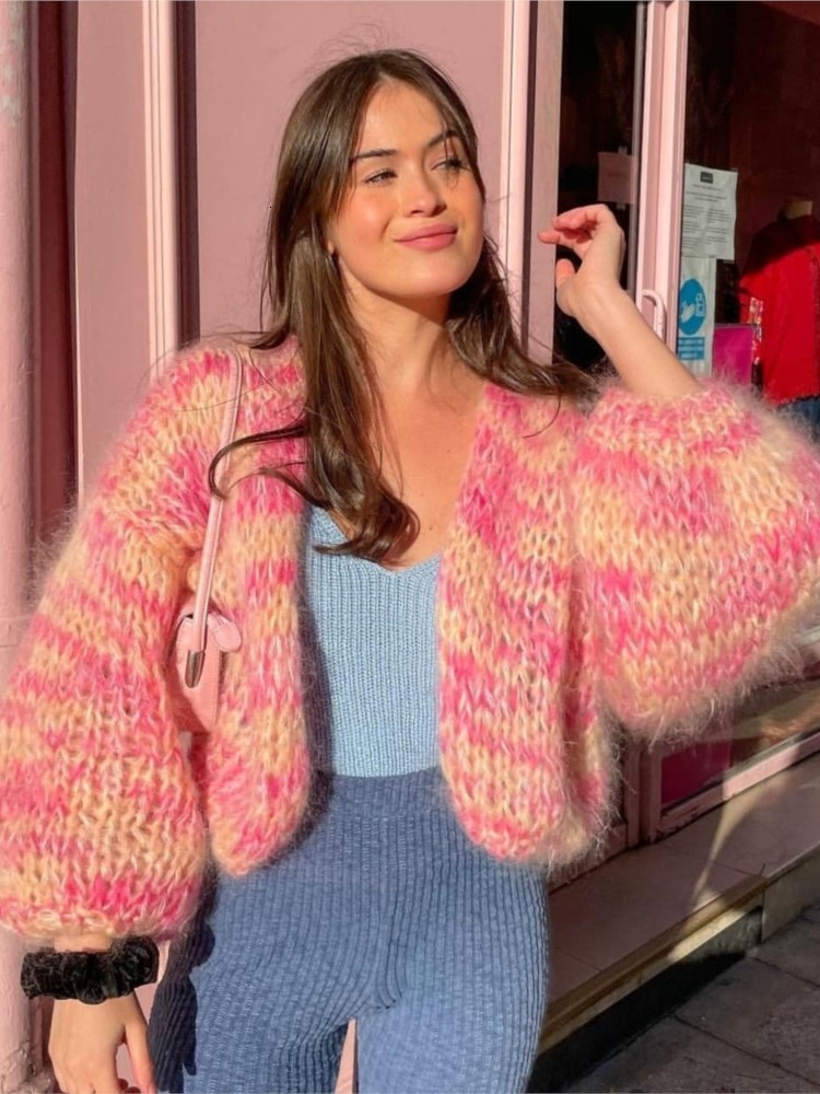 Women's Knits Tees Pink Striped Autumn Front Open Sweaters Long Lantern Sleeve Loose Crochet Cardigans Women Fashion Vintage Casual Streetwear 23