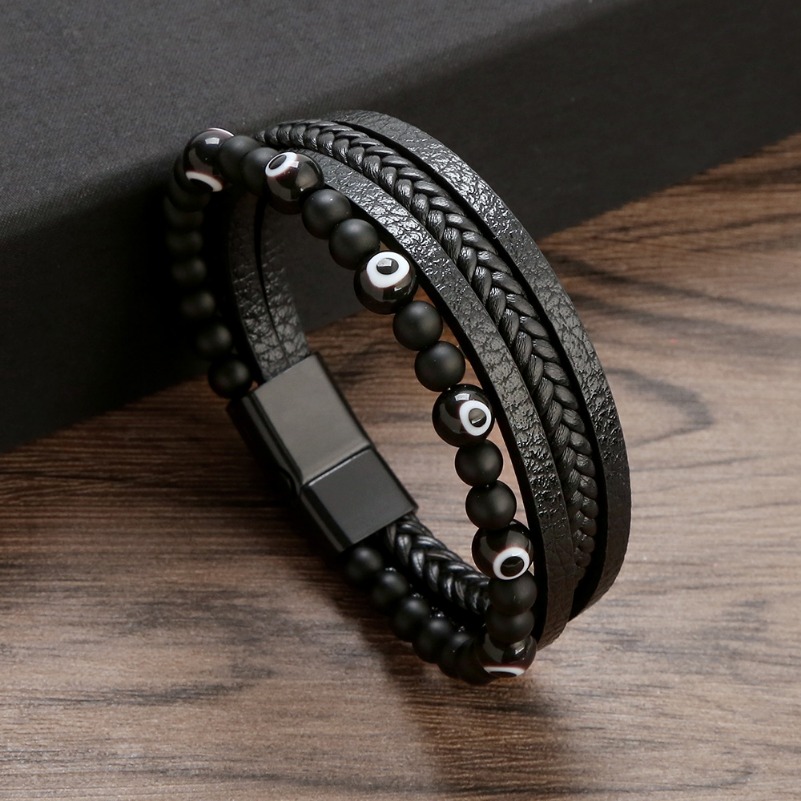 Retro Tiger Eye Natural Stone Beads Leather Bracelet Beaded Multi-layer Wrap Bracelets Bangle Cuff Wristband for Men Hiphop Jewelry