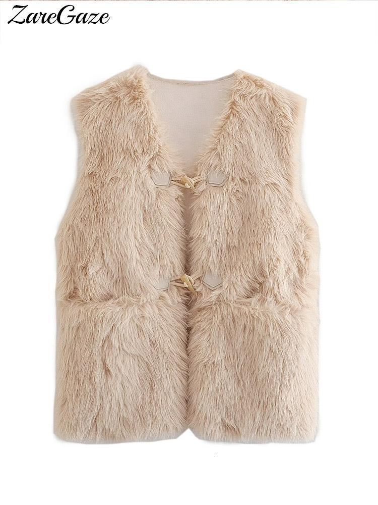 Women's Vests Faux Fur Warm Sleeveless Vest Women Solid Casual Horn Button Chic Coats Female Autumn Winter Elegant Lady Vests 230912