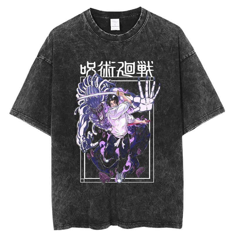 Men's TShirts Anime Jujutsu Kaisen T Shirt Vintage Washed Tshirt Gojo Satoru Graphic Print TShirt 100% Cotton Summer Retro Short Sleeve Tees 2309